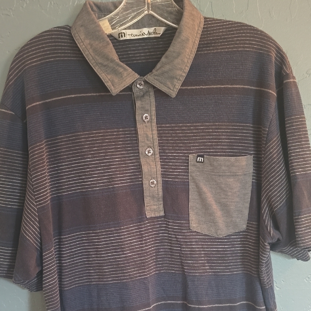 Travis Mathew Navy and Gray Striped Polo